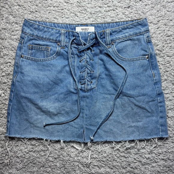 Forever 21 Skirt Womens Small Mini Lace Up Raw Hem Frayed Pockets Casual Denim - Picture 1 of 5